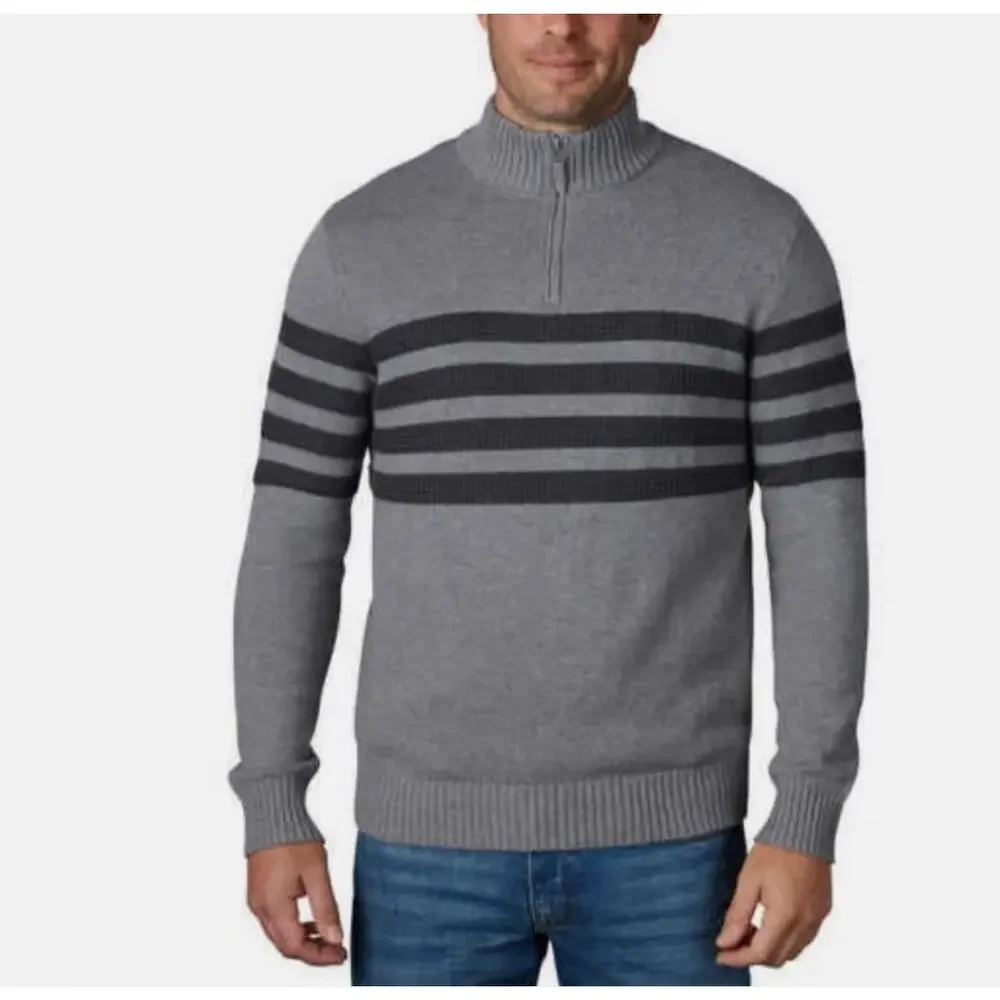 Tahari Men's 1/4 Quarter Zip Pullover Striped Mock Neck Knit Sweater, Size L